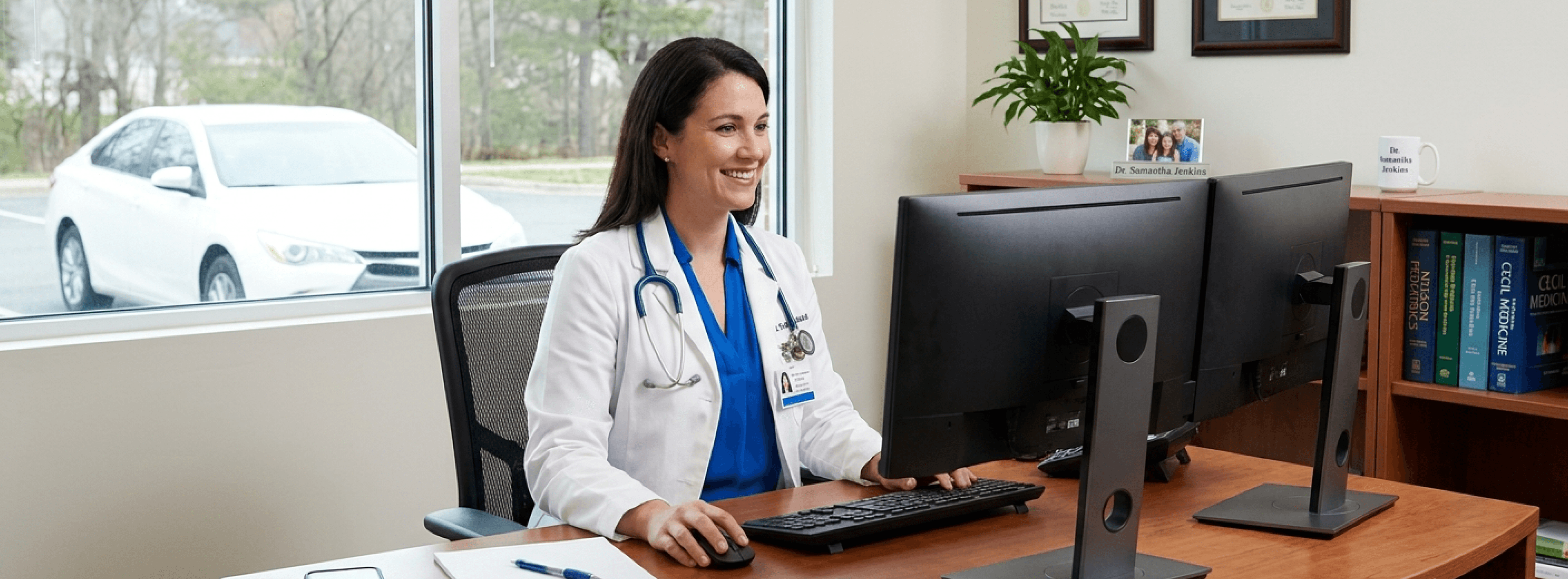 Physician working at a clinic workstation